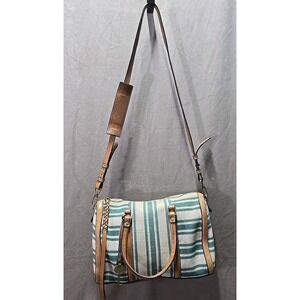 Fossil Leather Canvas Messenger Hand Bag Shoulder‎ Strap Green & Beige Stripes